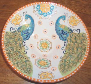 dUTCH wAX Design Handpainted Peacock Ceramic Platter Serving Bowl Home 