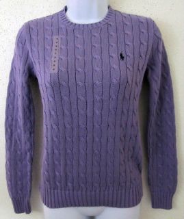 Women Ralph Lauren Navy Polo Pony Crewneck Purple Cable Knit Sweater 