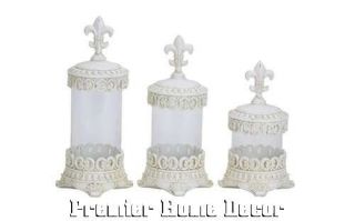 French Shabby Paris Style St/3 Canisters Embossed Bases & Fleur De Lis 