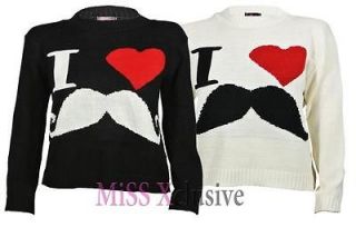 WOMENS LADIES MUSTACHE PRINT KNITTED JUMPER ONE SIZE 8 12