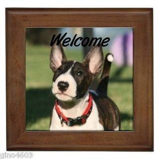 Welcome Front Door Framed Tile Sign Pit Bull Terrier Puppy Dog