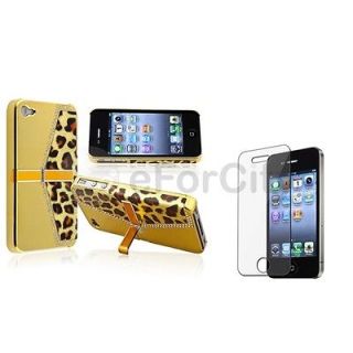   Leopard w/Stand Plastic Hard Case Cover+Screen Shield For iPhone 4 4S