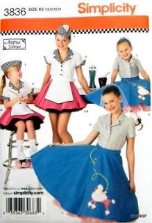   Simplicity 3836 Girls Childs Poodle Skirt Soda Costume Sz 7   14