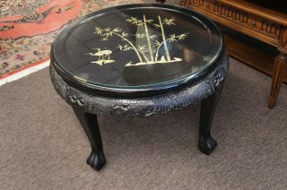Asian Oriental Round Table Glass Top Claw Foot Painted Black Lacquer 