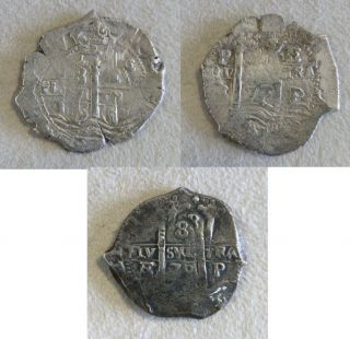 1675   1679 DATED 3 COINS SILVER BOLIVIA 8 REALES SALVAGED TREASURE 