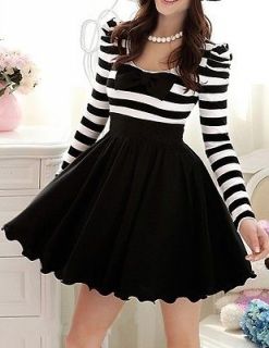   Cute Sweet lady Pleat Bubble Slv Bowknot White Black Stripe dress S~L