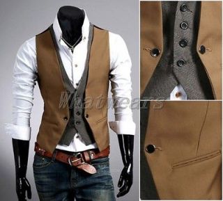 JJ New Style Mens Fashion Slim Check 2 Pieces Vest Waistcoat Camel M 