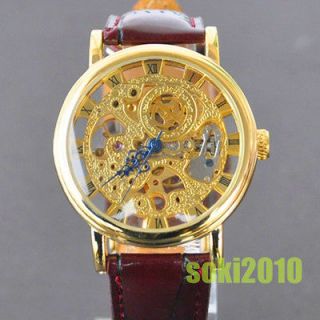   Golden Plated Analog Skeleton Mens Mechanical Wrist Strap Watch S01