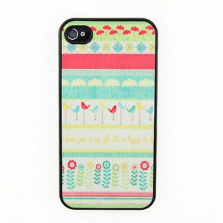Cute Birds & Umbrella Pattern Design Flash Powder iPhone 4 4S Hard 