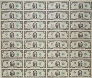 Uncut full sheet of 32 two dollar bills, crisp, uncirculated   NEW
