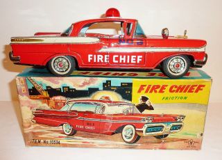   Tin Litho Friction 1958 MERCURY FIRE CHIEF CAR w/ BOX ~ 11.5