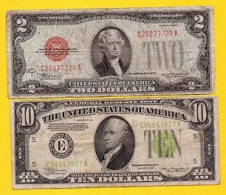   10 LIME GREEN FEDERAL & 1928D $2 RED SEAL OLD US PAPER CURRENCY MONEY