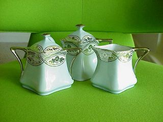 Antique Art Deco Silver Luster Overlay Flowers 3 PC Tea Set PPAA 