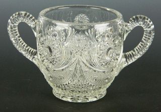   VINTAGE EAPG CLEAR GLASS SUGAR BOWL WITH HANDLES STAR AND BUTTON SWAG