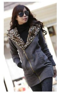 Ladies New Leopard Print Hood Large Lapels Long Zipper Jacket Coat