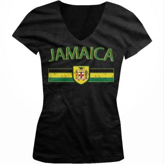 Distressed Jamaica Flag Stipe Jamaican Olympics Girls Junior V Neck T 