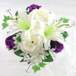 Artificial Silk Flower Wedding Purple Rose Buds Lily Bouquet