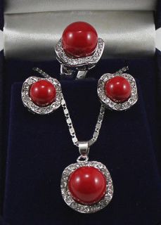 Beautiful Red shell pearl silver jewelery Pendant earrings Ring sets