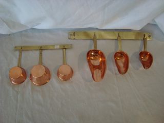 COPPER SCOOPS LOT OF 3, MEASURING SPOONS LOT OF 3 W/ WALL RACKS