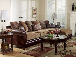 SANDERS   OLD WORLD FAUX LEATHER & CHENILLE SOFA COUCH SECTIONAL SET 