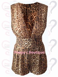  Brown & Black Leopard Animal Print Low V Neck Playsuit/Jumpsuit 