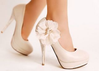 Ivory Wedding Dancing Party Diamond Platform Lace Flowers High Heels 