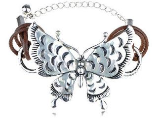 Silver tone Vintage like Butterfly Face Plate String Rope Hemp Chain 