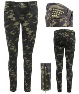   Womens Ladies Parisian Khaki Woodland Camouflage Studded Skinny Jeans