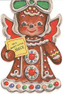 Vintage Christmas Card Gingerbread Man Niece Glitter Unused Envelope 