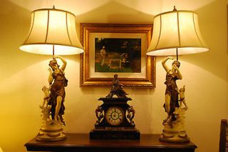 Pair antique French L&F Moreau Spelter statue figural lamps Art 