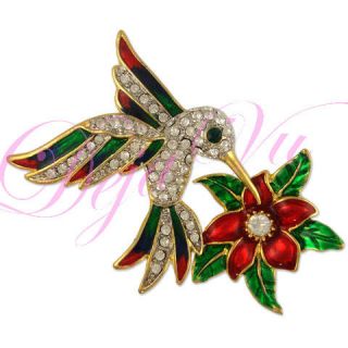   TWO TONE FLOWER HUMMING BIRD PIN BROOCH MADE WITH SWAROVSKI ELEMENTS