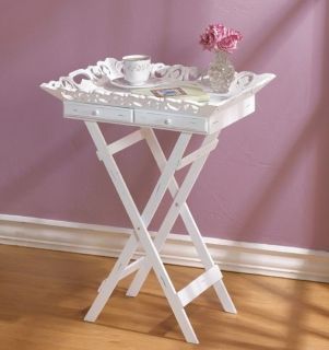 new white distressed chic folding table tv tray w drawers