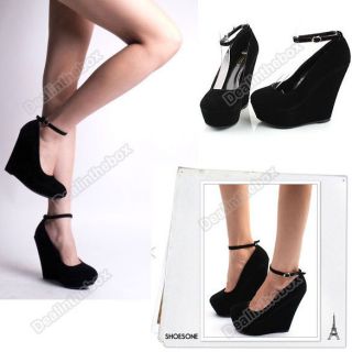   Sexy Black Lady Platform Wedge Super High Heels Womens Buckle Shoes