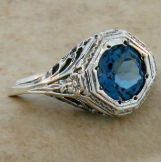 GENUINE LONDON BLUE TOPAZ ANTIQUE STYLE .925 SILVER FILIGREE RING SIZE 