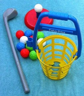 Fisher Price Golf Set Rare Auto Pick up Bucket w Balls, Club, Tee 1987 