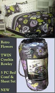 CYNTHIA ROWLEY RETRO Teen Flower Purple Gray Green Comforter Sheets 5P 
