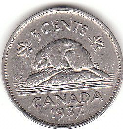 Nice 1937 George VI 5 Cent Canadian Coin Currency Money Rare Beaver 