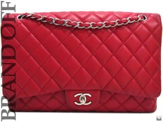 CHANEL RED LEATHER SILVER DOUBLE C CC BUCKLE MAXI CHAIN SHOULDER BAG 