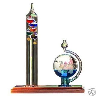 Desktop Galileo Thermometer & Glass Globe Barometer Set w/ Wood Base 