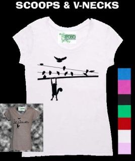Bird on wire cat chasing Hobo T Shirts Singlets Womens Scoop V neck 