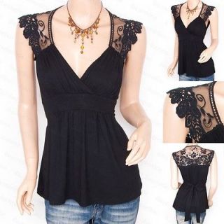 New Womens Black Cross Bust Lace Embroidery Back Shirt Blouse Top S