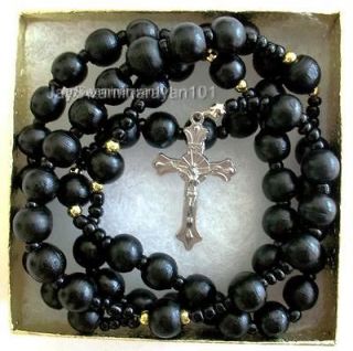 black rosary wooden beads cross necklace 29 long time left