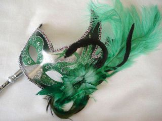 GREEN CARNIVAL on a Stick Venetian Mask Costume GREEN & SILVER Hand 
