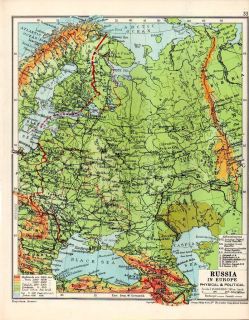 MAP ~ RUSSIA IN EUROPE ~ PHYSICAL AND POLITICAL ~ SANDHURST ATLAS 1924