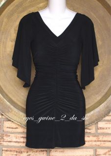 Asymmetrical A Line Sleeves Ruched Stretch Micro Mini Dress Black 