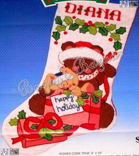 Wishes Come True Teddy Bear Bunny Crewel Stocking Christmas Kit Joan 