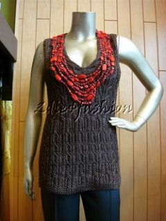 2790 New OSCAR de la RENTA Brown Knit Red Bead Sweater Top L