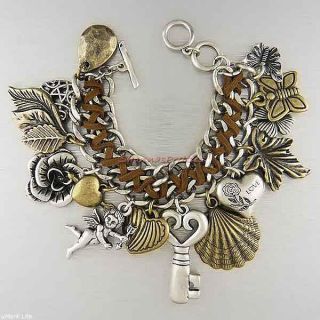 New Silver Gold Mixed Charm Link Bracelet Brown Chunky Big Heart Key 