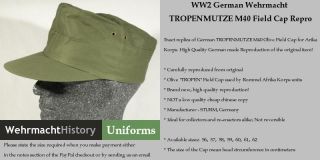 WWII German Afrika Korps M40 Tropenmutze Cap All Sizes