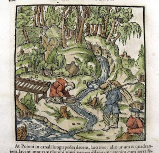1557 Agricola Folio 2 Woodcuts Mining Scene Gold Panning